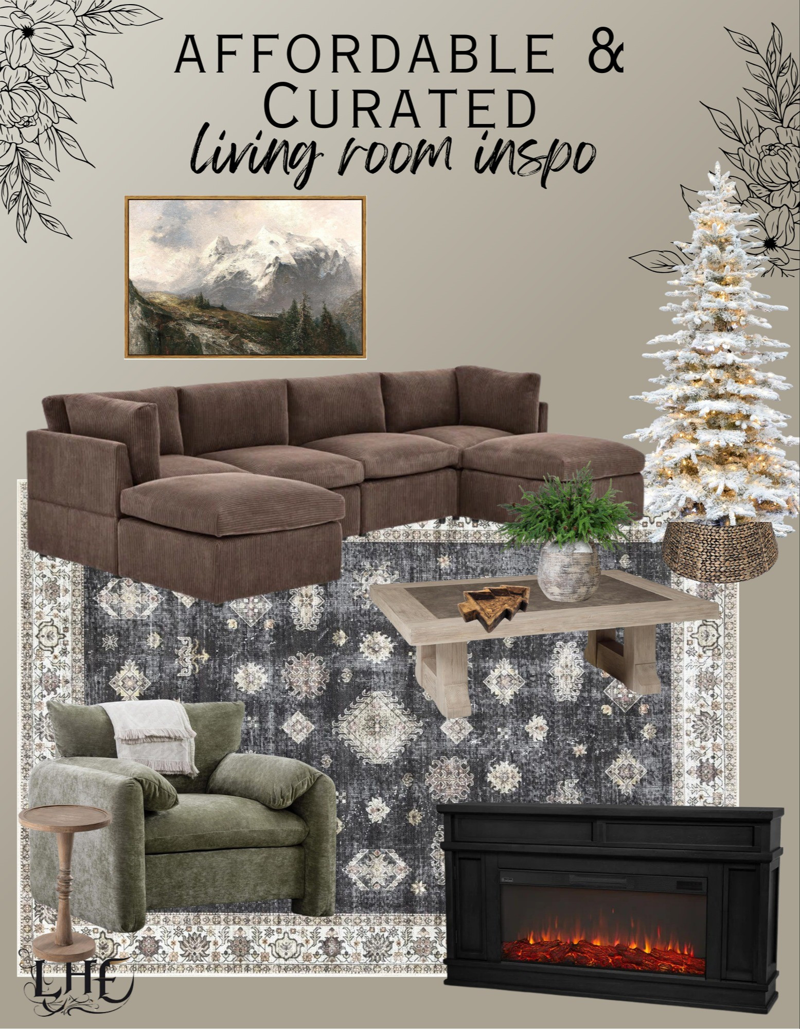  Curated and affordable living room. I'm in love with these finds! The earthy tones 👌 so perfect! Shop these finds by clicking the thumbnails below 👇.  . . Living room furniture, living room inspo, modern farmhouse living room, farmhouse living room, affordable furniture, affordable living room, sectional couch, sectional sofa, coffee table, flocked Christmas tree, table decor, oversized armchair, armchair, sitting chair, side table, affordable couch, affordable fireplace, electric fireplace, fireplace mantle, vase, rustic coffee table, wall art, landscape wall art, accent table, accent chair, living room, vintage rug, rustic rug, living room rug, area rug, tree collar, Christmas decor, Christmas tree collar, farmhouse rug 

#LTKHome #LTKFamily #LTKStyleTip