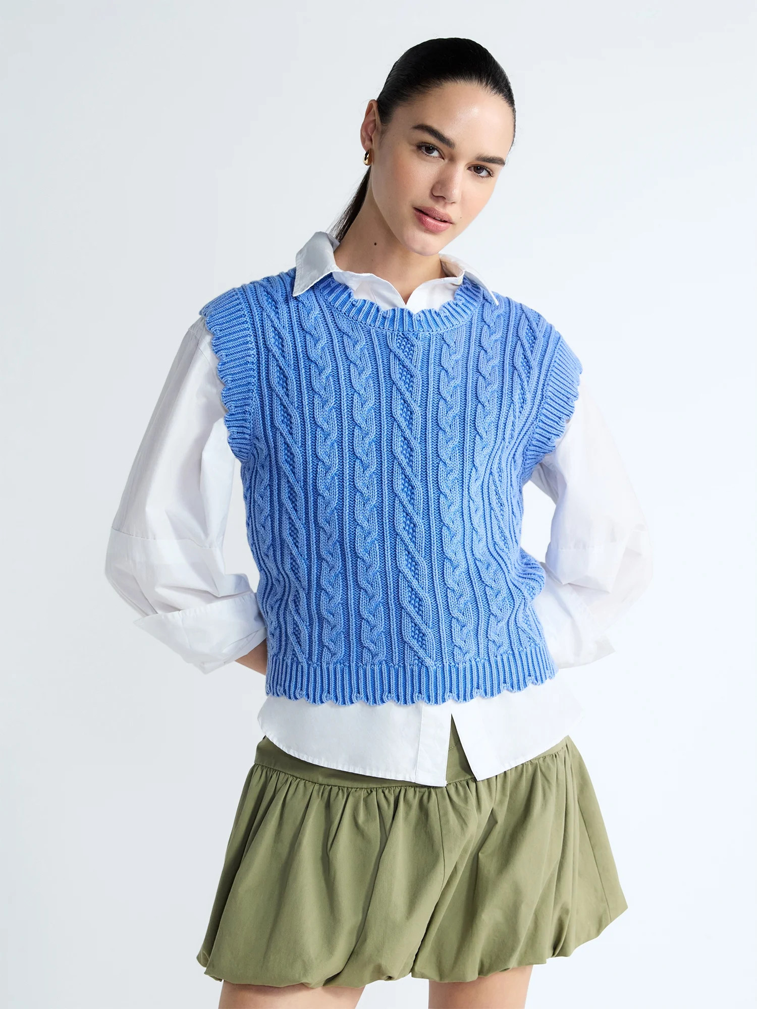 Free Assembly Women's Scalloped Cable Knit Cotton Vest, Sizes XS-XXL | Walmart (US)