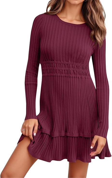 Wenrine Womens Long Sleeve Sweater Dress Casual Ribbed Knit Crewneck A Line Slim Fit Tiered Fall ... | Amazon (US)