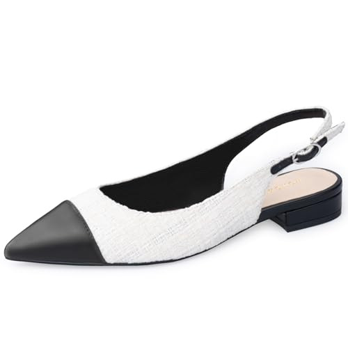 WONDERWAY Women Slingback Flats Tweed Pointed Toe Slingback Flats Cap Toe Dress Shoes for Women(Black White,7) | Amazon (US)