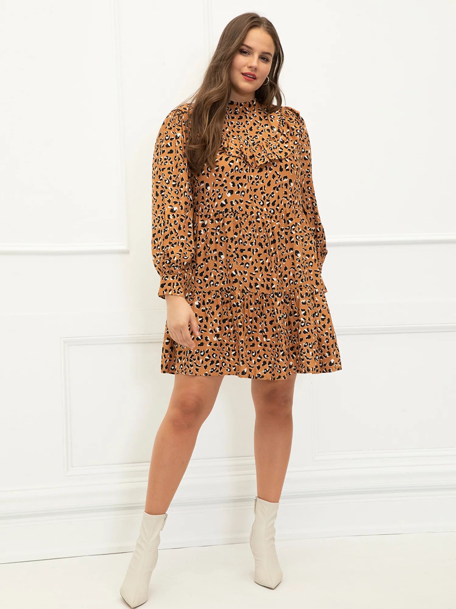 ELOQUII Elements Plus Size Cheetah Print Ruffle Yoke Tiered Dress - Walmart.com | Walmart (US)