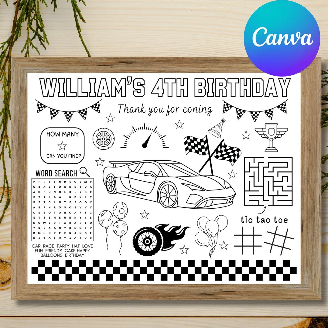 Race Car Birthday Party Activity Sheet, Hot Cars Party Placemat, Racing Car Birthday Party Favor,... | Etsy (US)