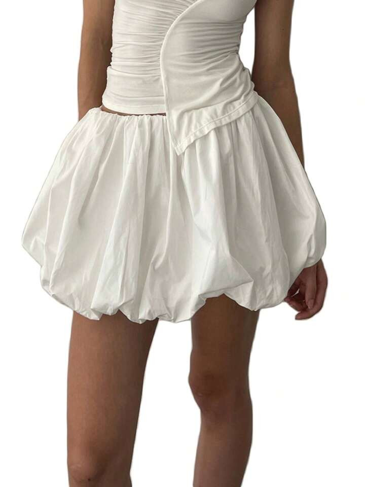 Women Y2K Solid Color Pleated Bubble Mini Skirt Puff Balloon Hem Short Skirts Going Out | SHEIN