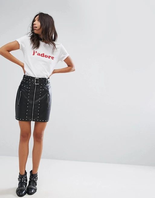 PrettyLittleThing Leather Look Studded Detail Skirt | ASOS UK