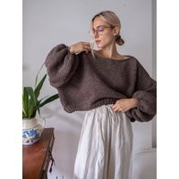 Hand Knit Chunky Sweater With Boat Neckline & Balloon Sleeves. Knitted Pullover. Oversized Cropped | Etsy (US)
