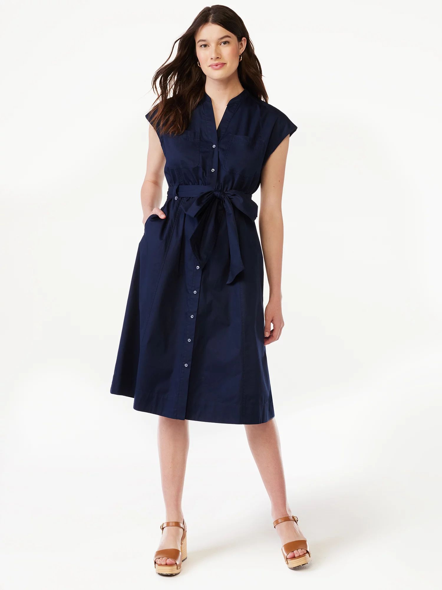 Free Assembly Women’s Belted Midi Shirt Dress with Short Sleeves, Sizes XS-XXXL | Walmart (US)