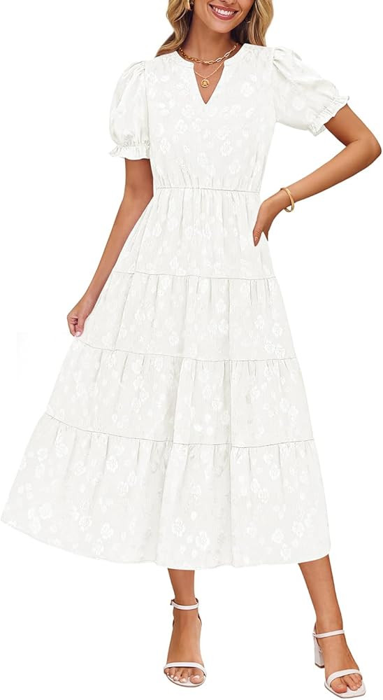 ZESICA Womens 2025 Summer Puff Short Sleeve Midi Dress V Neck Floral Textured Ruffle Flowy Beach ... | Amazon (US)