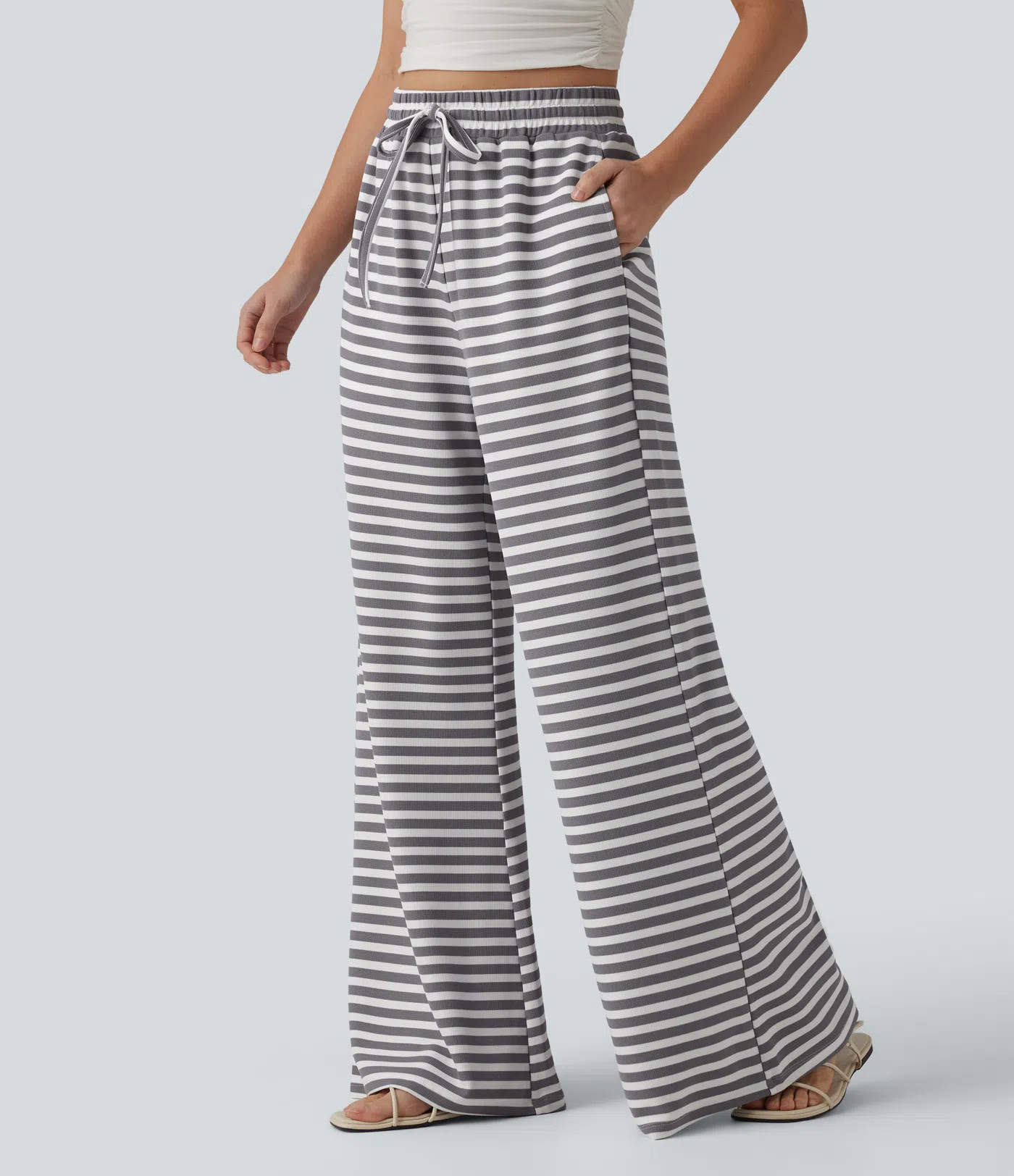 Women’s High Waisted Drawstring Stripe Waffle Wide Leg Casual Pants with Pockets - Halara | HALARA