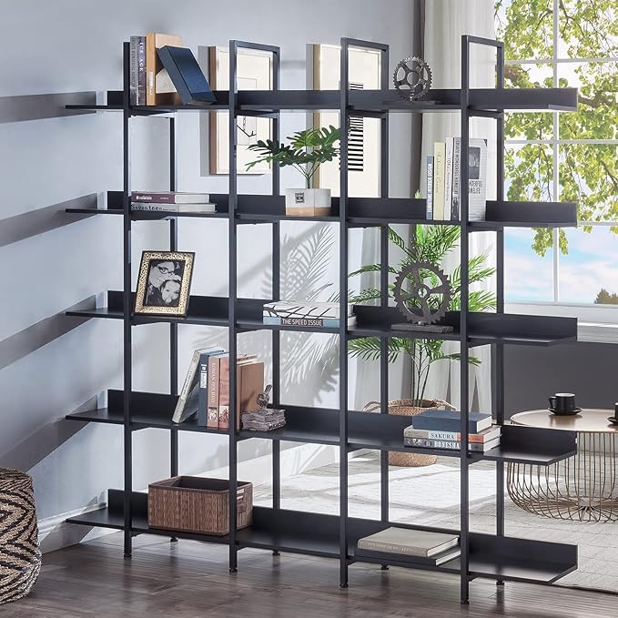 GNIXUU Triple Wide Black Bookshelf 5-Tier, Industrial Display Bookcase with Metal Frame, Tall Vin... | Amazon (US)