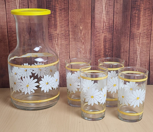 Vintage Set of Libbey Juice Pitcher 9" and Glasses 4.5" Daisy Floral  | eBay | eBay US