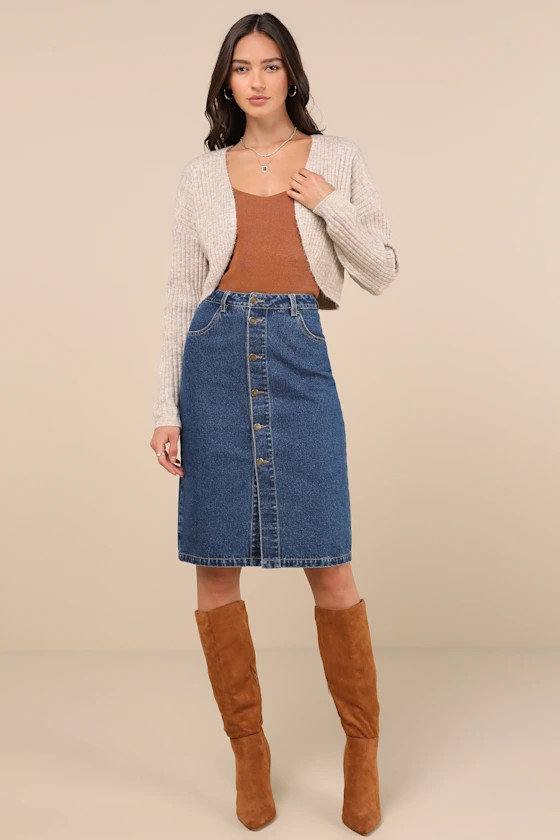 Admirable Attitude Medium Wash Denim Button-Front Midi Skirt | Lulus