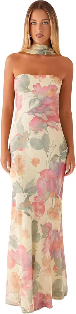 Women's Floral Strapless Tube Maxi Dress with Scarf, Bodycon Long Dress | Amazon (US)