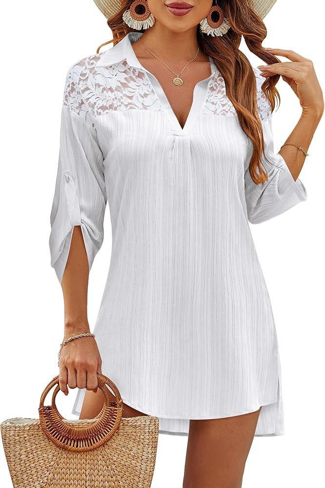 Blooming Jelly Womens Bathing Suit Cover Ups Bikini Swimsuit Coverup Drawstring Beach Dress Shirt | Amazon (US)