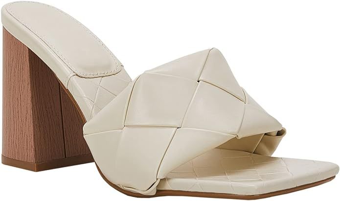 Women's Square Open Toe Heeled Woven Leather Mule Sandals Stiletto Slip On Quilted High Heel Shoe... | Amazon (US)