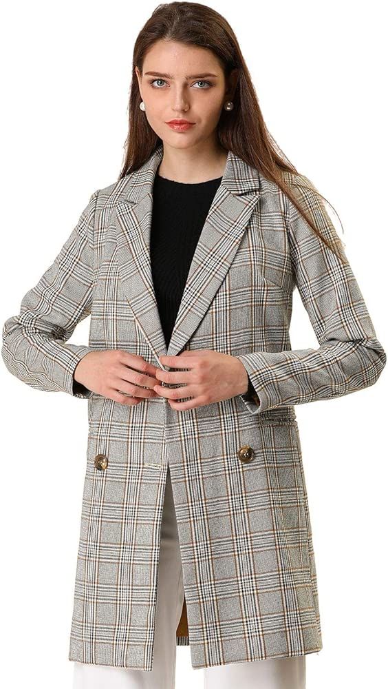 Women's Double Breasted Notched Lapel Plaid Trench Blazer Coat | Amazon (US)