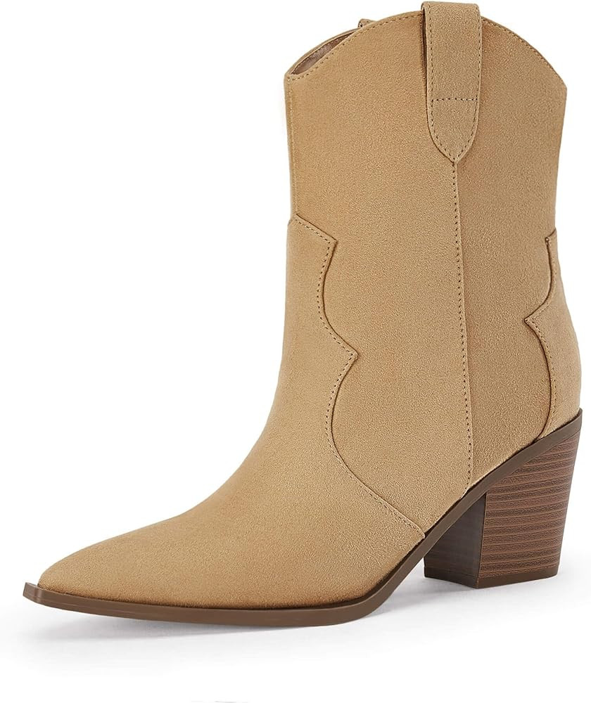 Coutgo Women's Cowgirl Boots Ankle Booties Pointed Toe Low Chunky Heel Western Cowboy Boots | Amazon (US)