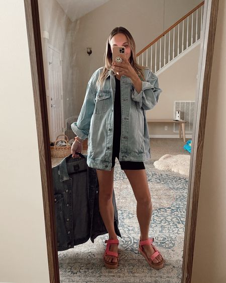 My favorite denim jacket steal is on sale for Target Circle Week! $25 with the discount - wearing a size Medium in this years version for an extra oversized look.

Shoes: REEF hot pink cushion rem hi 💕
Maternity shorts: Blanqi