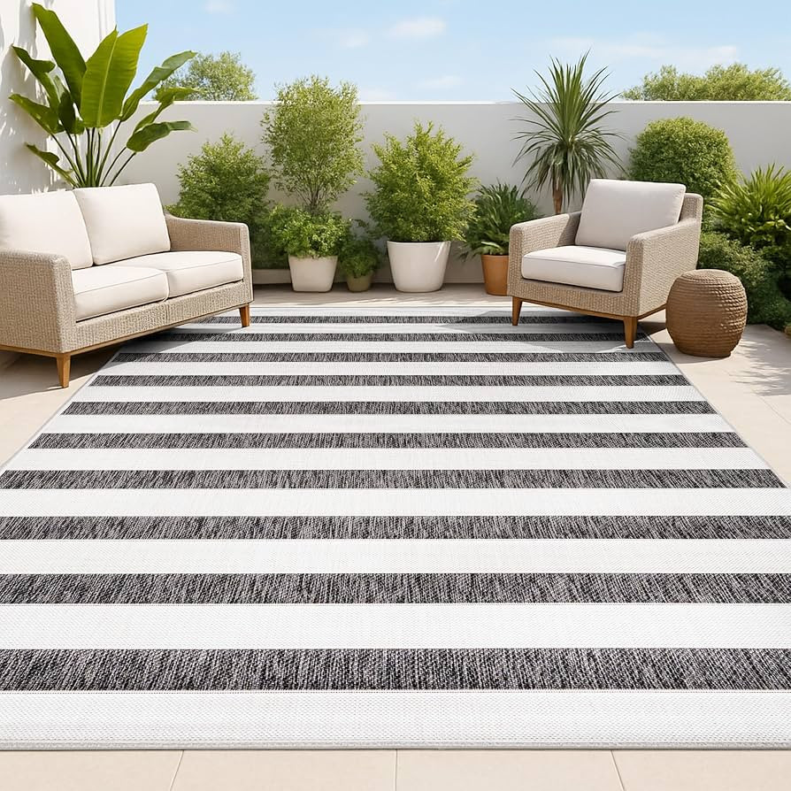 JONATHAN Y Wide Stripe Indoor Outdoor Area Rug 3X5 Black/Cream, Aveiro for Backyard, Patio, Porch... | Amazon (US)