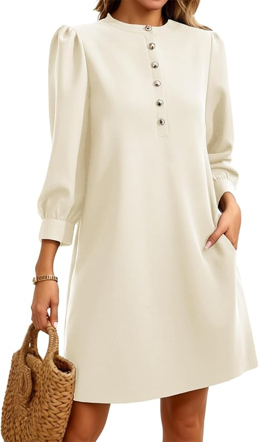 Wenrine Womens 3/4 Puff Sleeve Mini Dress Button Crewneck Elegant Casual Business Shift Dresses 2... | Amazon (US)