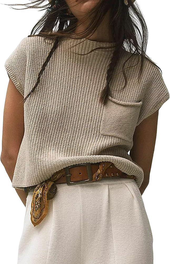 Peaceglad Women's Mock Neck Knit Sweater Vest Sleeveless Casual Trendy Summer Ribbed Pullover Tan... | Amazon (US)
