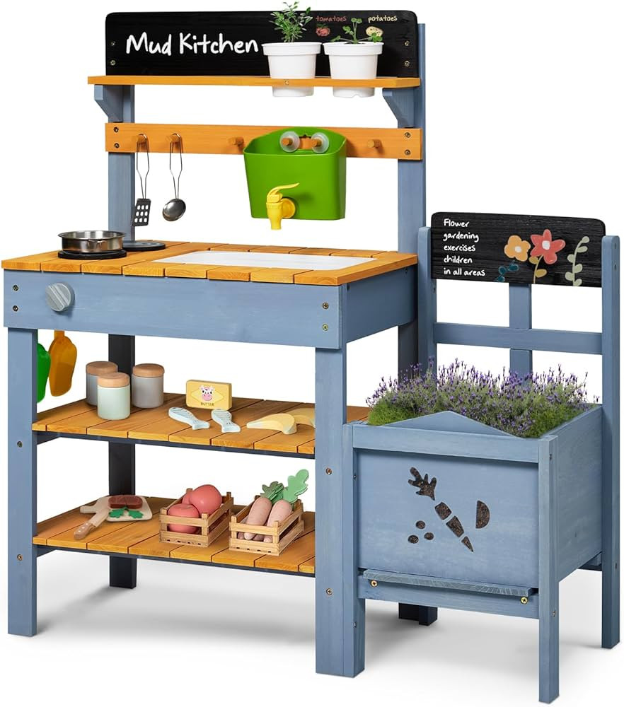 Mud Kitchen with Planter Box, Outdoor Play Pretend Kitchen with Stoves, Removable Sink, Faucet, B... | Amazon (US)