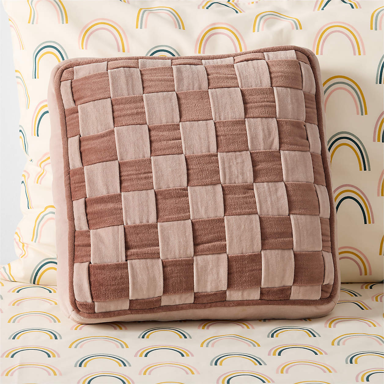 Checkerboard Verte Green and Copper Brown Velvet Kids Throw Pillow + Reviews | Crate & Kids | Crate & Barrel