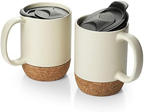 DOWAN Coffee Mugs Set of 2, 15 OZ Ceramic Mug with Cork Bottom and Splash Proof Lid, Large Coffee... | Amazon (US)