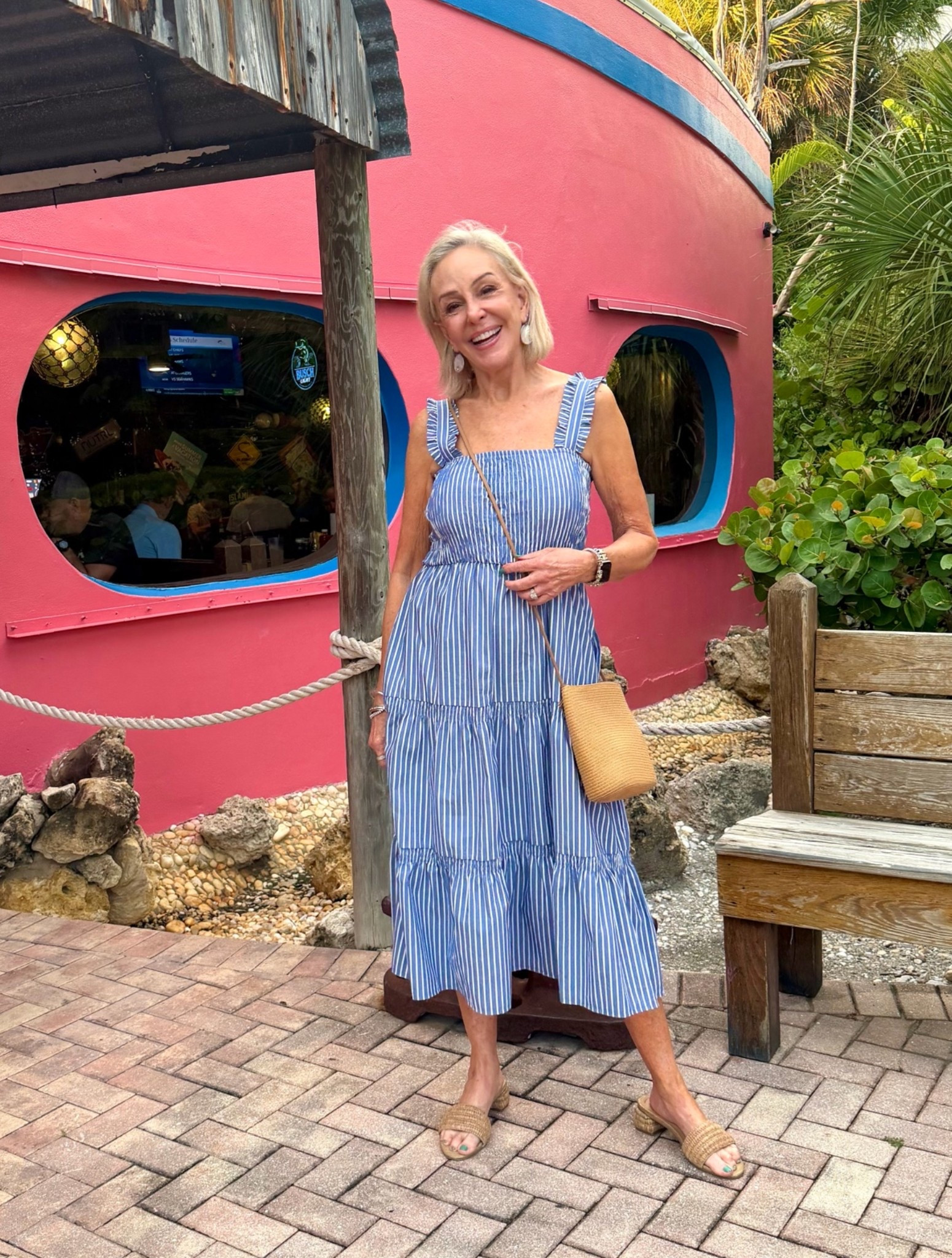 Myra shirting dress 
An essential sleeveless midi dress with a shirring bodice
I added a raffia crossbody bag and raffia sandals but I also wear these white sandal by Donald Pliner

#LTKootd #LTKOver40 #LTKTravel