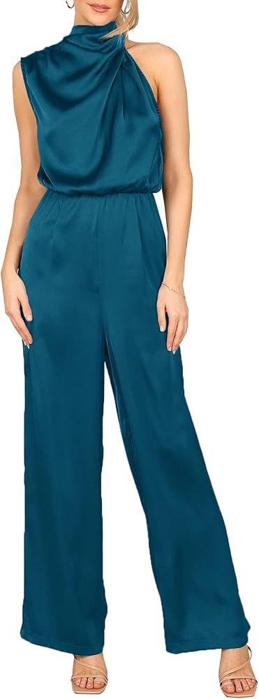 MITILLY Women's Elegant Satin Sleeveless Mock Neck One-Shoulder Elastic Waist Casual Wide Leg Jum... | Amazon (US)