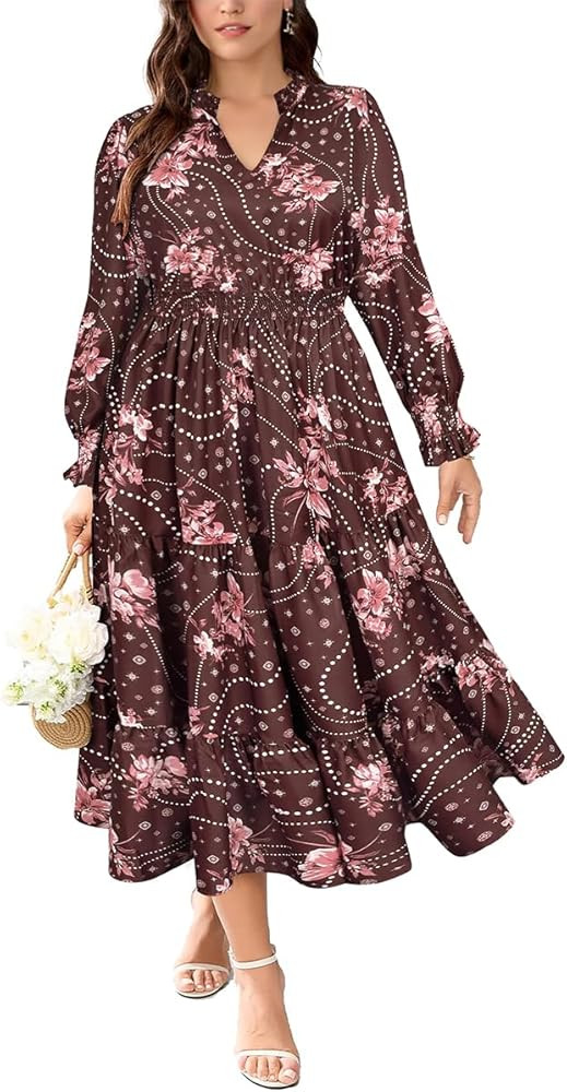 RITERA Plus Size Dresses Women Casual Fall Maxi Boho A Line Long Sleeve Ruffle V Ruffle V Neck Dr... | Amazon (US)