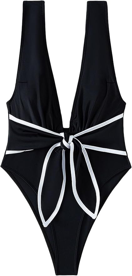 Floerns Women's One Piece Plunging V Neck Backless Bow Front Sleeveless Swimsuit | Amazon (US)