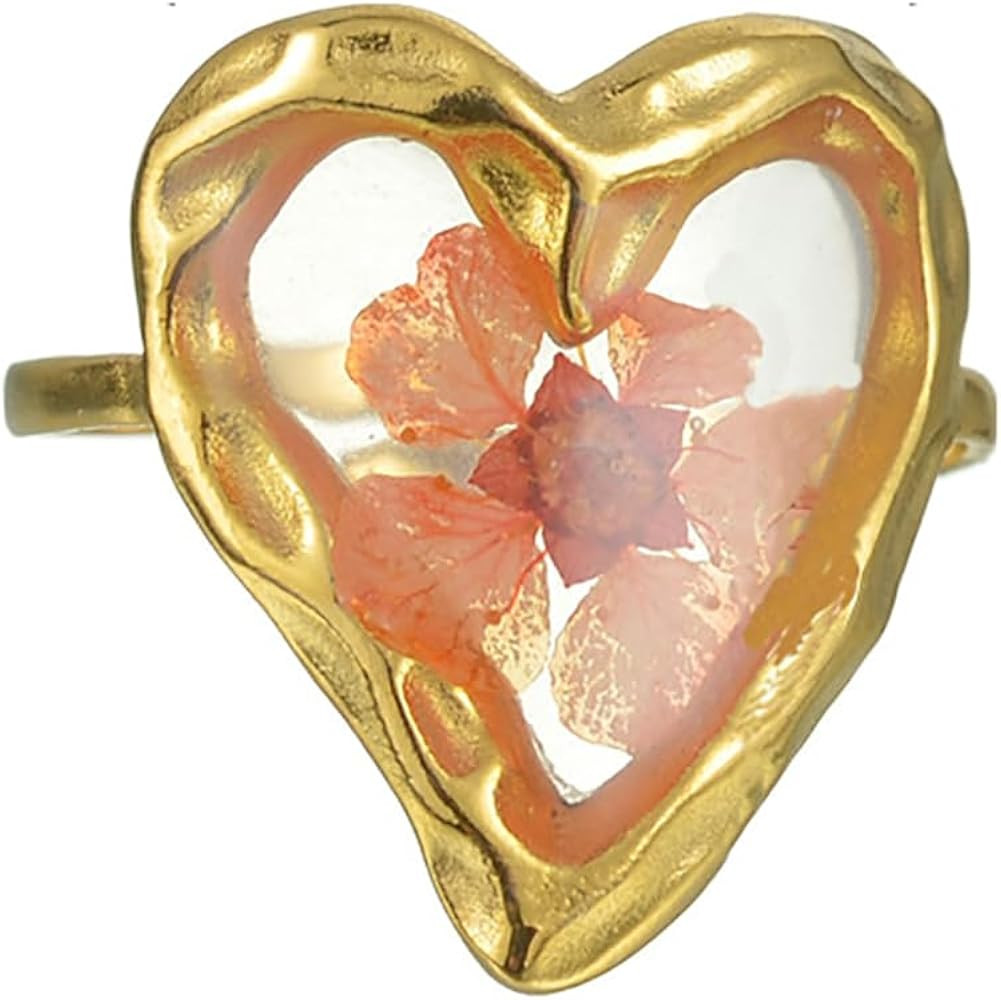 Handmade Dried Flower Statement Ring for Women Girls Gold Plated Stainless Steel Adjustable Press... | Amazon (US)