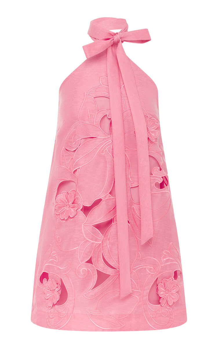 Lola Floral-Appliqued Linen-Blend Halter Mini Dress | Moda Operandi (Global)