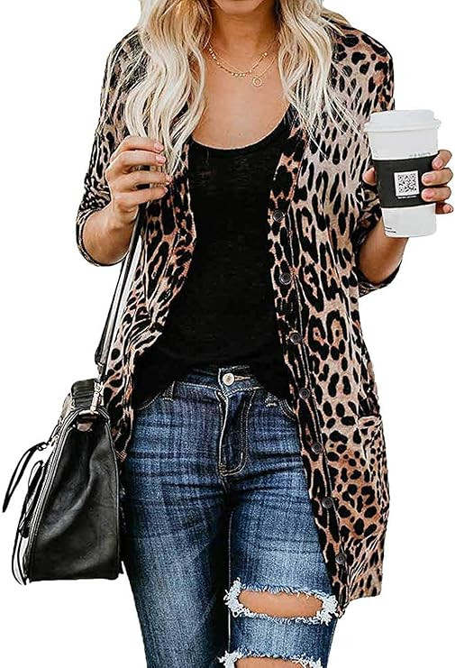 MYIFU Women's Leopard Print Sweater Cardigan Button Down Open Front Lightweight Shirt Outerwear w... | Amazon (US)