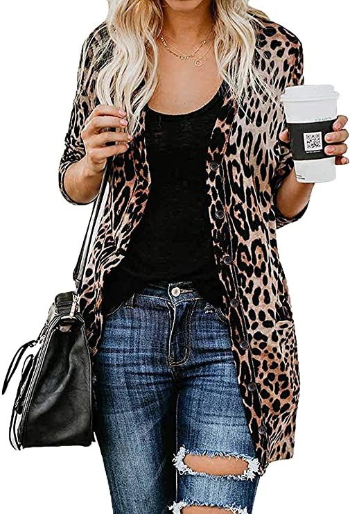 MYIFU Women's Leopard Print Sweater Cardigan Button Down Open Front Lightweight Shirt Outerwear w... | Amazon (US)