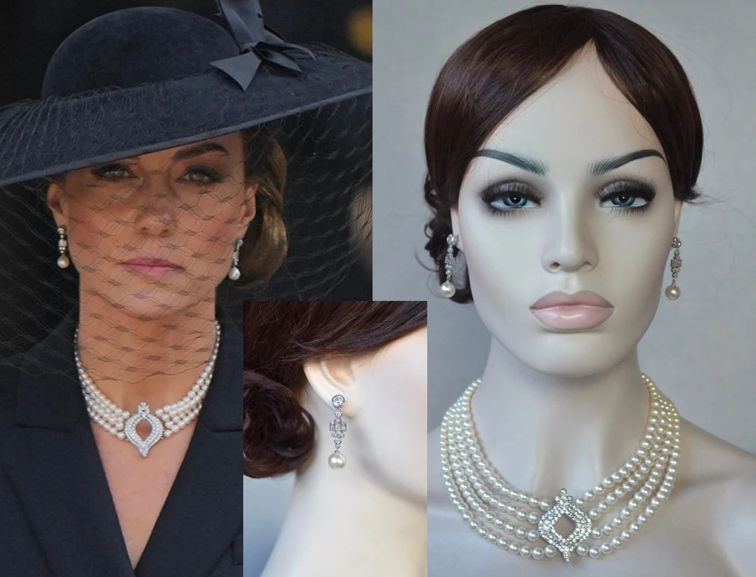 Royalty Replica Princess of Wales Japanese Pearl Four Row Choker and Bahrain Pearl Drop Earrings,... | Etsy (US)