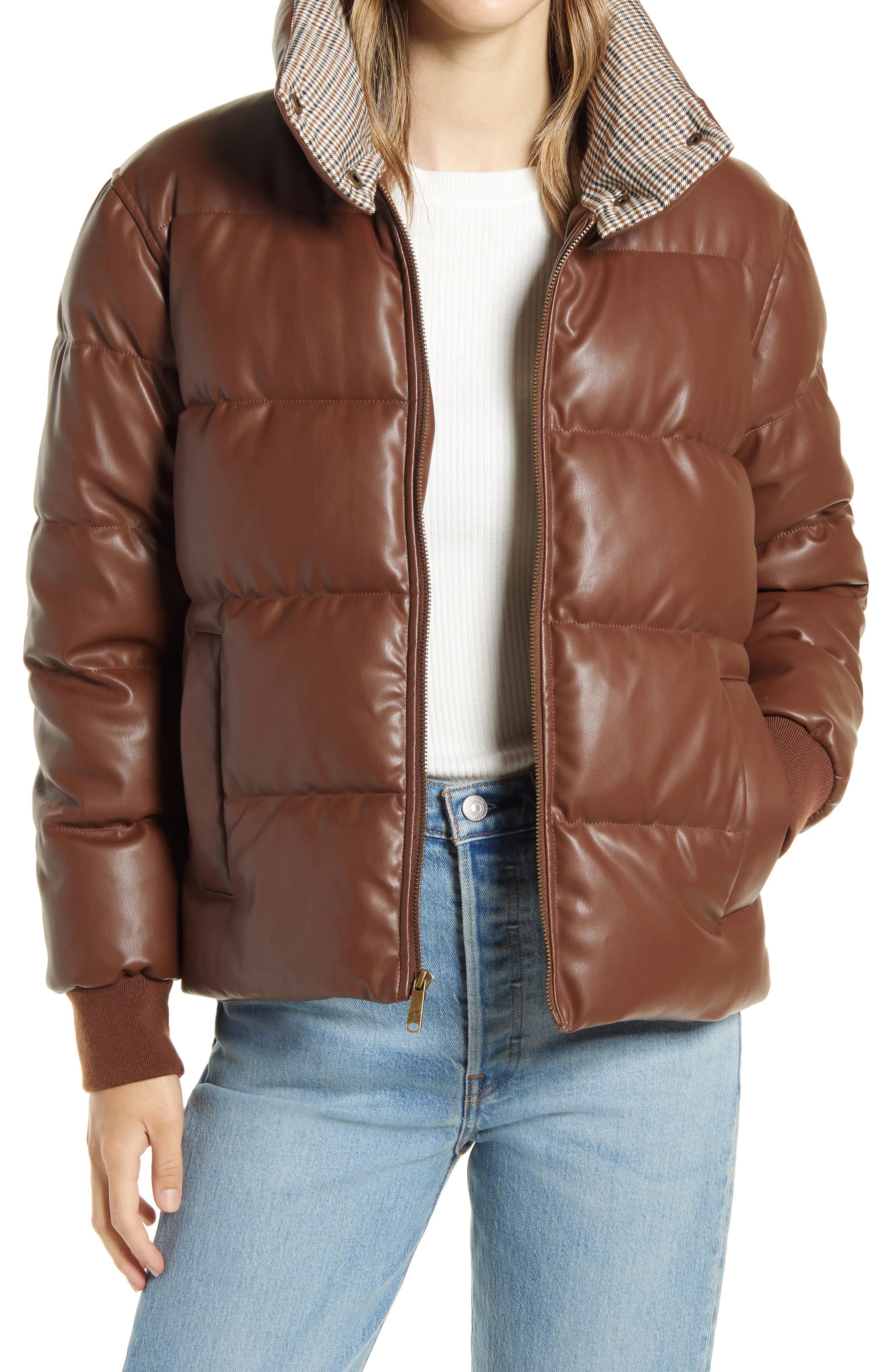 Sam Edelman Faux Leather Puffer Jacket, Size Xx-Large in Brown at Nordstrom | Nordstrom