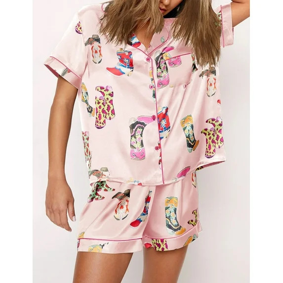 SheShow Cowboy Boots Print Silky Casual Short Sleeve Pajama Set for Women, Pink, XS - Walmart.com | Walmart (US)