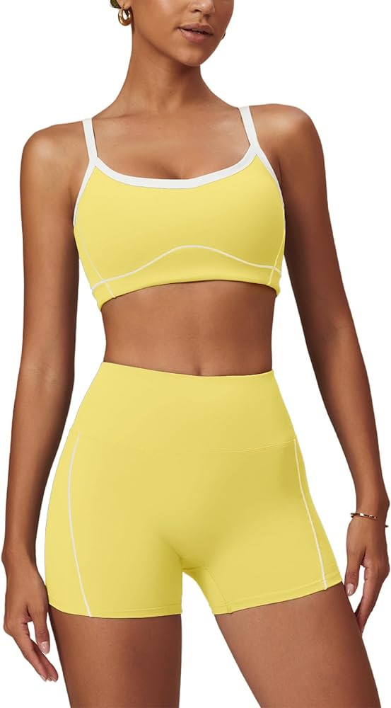 OMEWEE Yoga sets for women 2 piece Fashion contrasting lines Sports Bra and Tummy Control Butt-li... | Amazon (US)