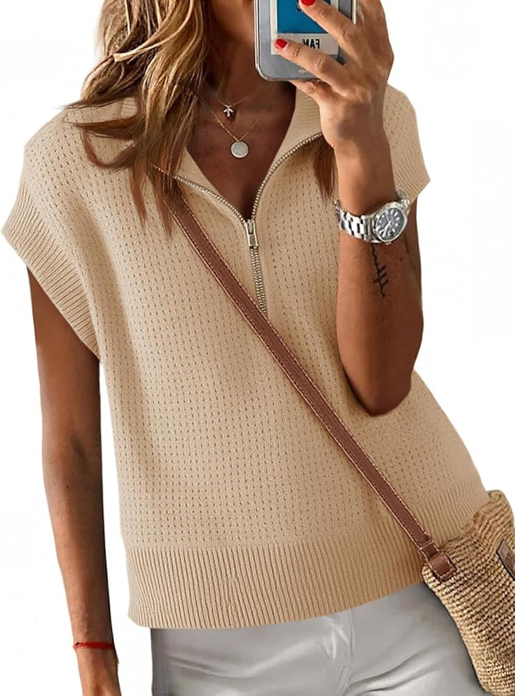Langwyqu Womens Short Sleeve Cropped Knit Tops Half Zip Cap Sleeve Lightweight Oversized Sweater ... | Amazon (US)