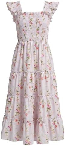 Ladyful Women's Floral Midi Dress Smocked Square Neck Boho Sleeveless Ruffle Strap Beach A-Line F... | Amazon (US)