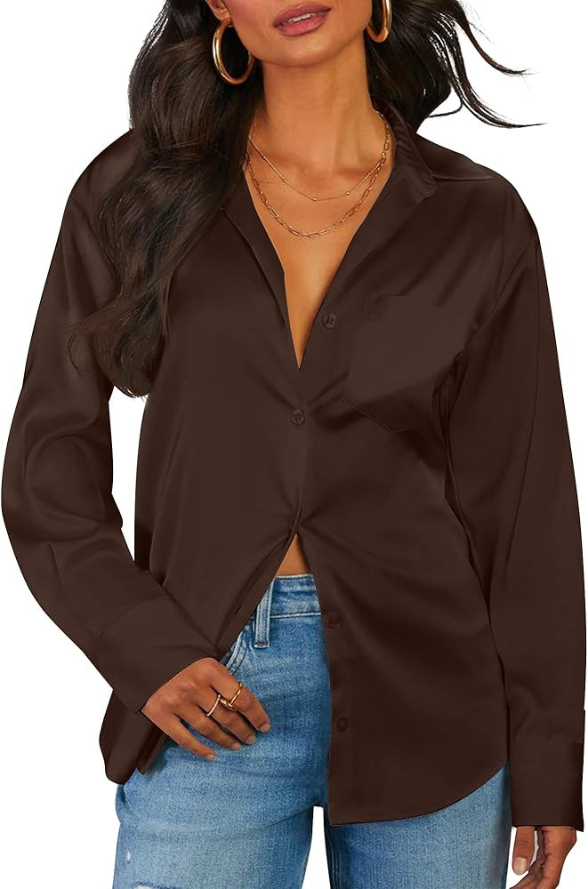 CBOO Women Elegant Satin Blouses Shirts, Soft Silk Shirts Top, Satin Button Down Shirts, Office L... | Amazon (US)