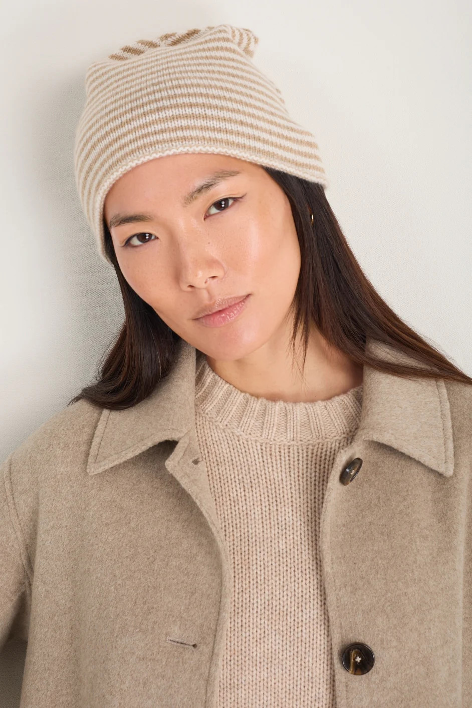 Mathilde Cashmere Hat - Oat/Ivory Stripe | WYSE London