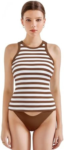 SUUKSESS Women Padded Cotton Ribbed Tank Tops High Neck Racerback Basic Tops | Amazon (US)