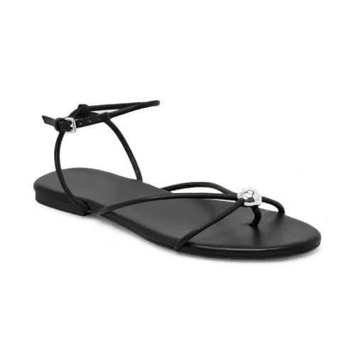 XBKXMK Black Strappy Flat Sandals for Women Comfortable Open Round Toe Slingback Sandals Dressy Beach Thong Flip Flop Slides | Amazon (US)