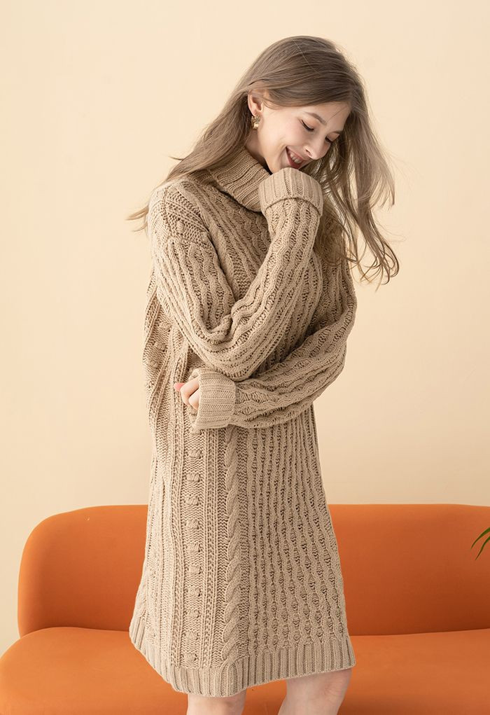 Turtleneck Cable Knit Sweater Dress in Tan | Chicwish