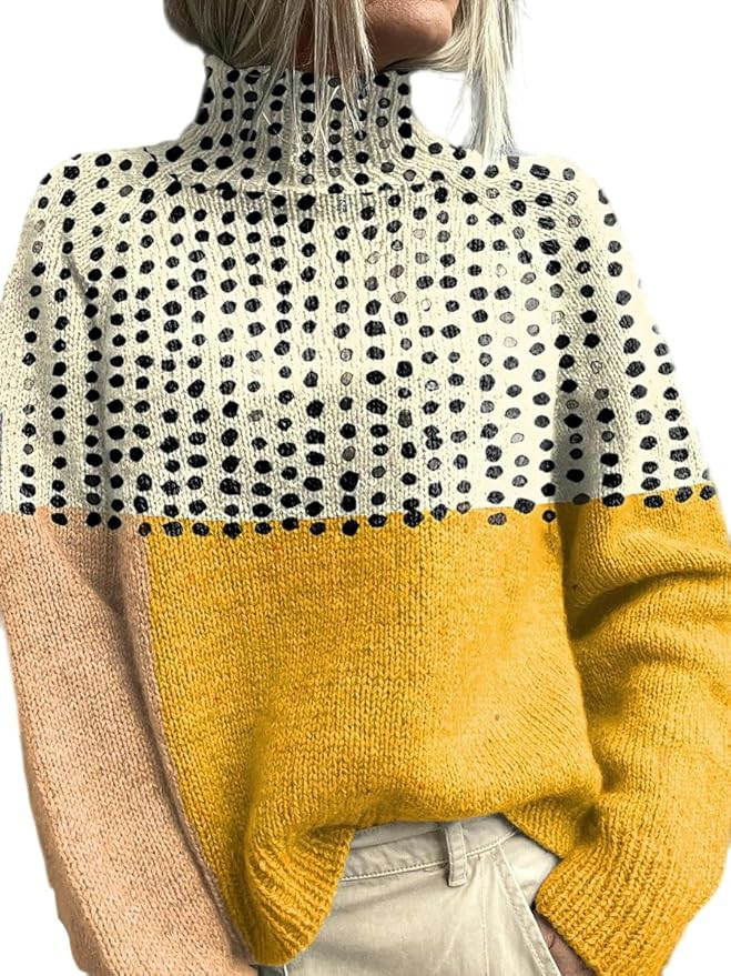Women's White Turtleneck Sweater with Yellow Floral Print, Long Sleeve Casual Knit Top | Amazon (US)