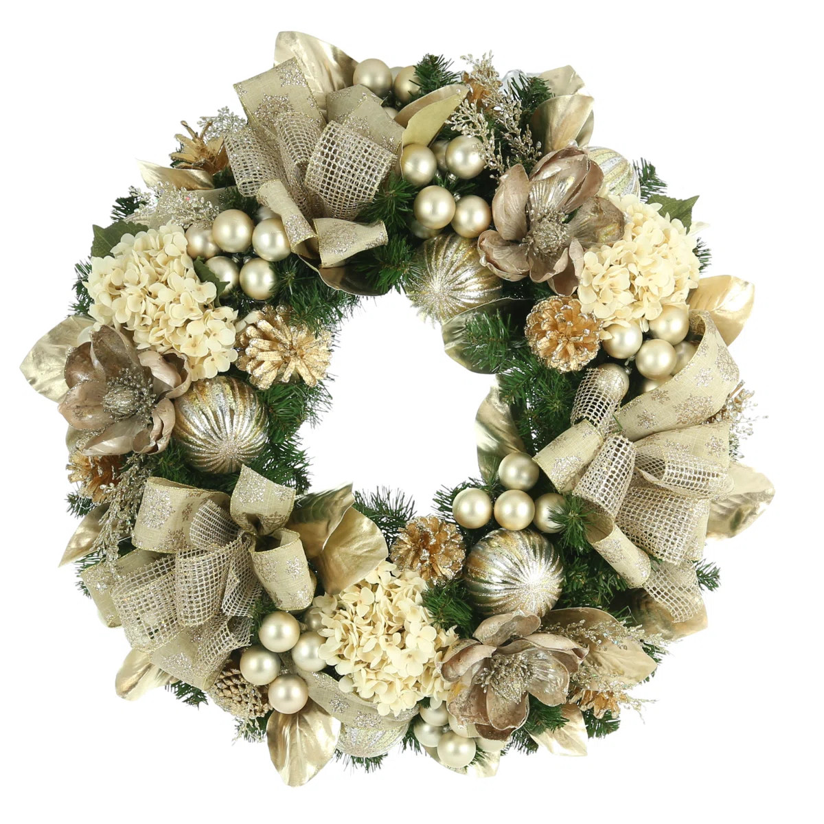 Jhumki Hydrangea, Magnolia, Ornaments, and Ribbon Evergreen Wreath | Wayfair North America