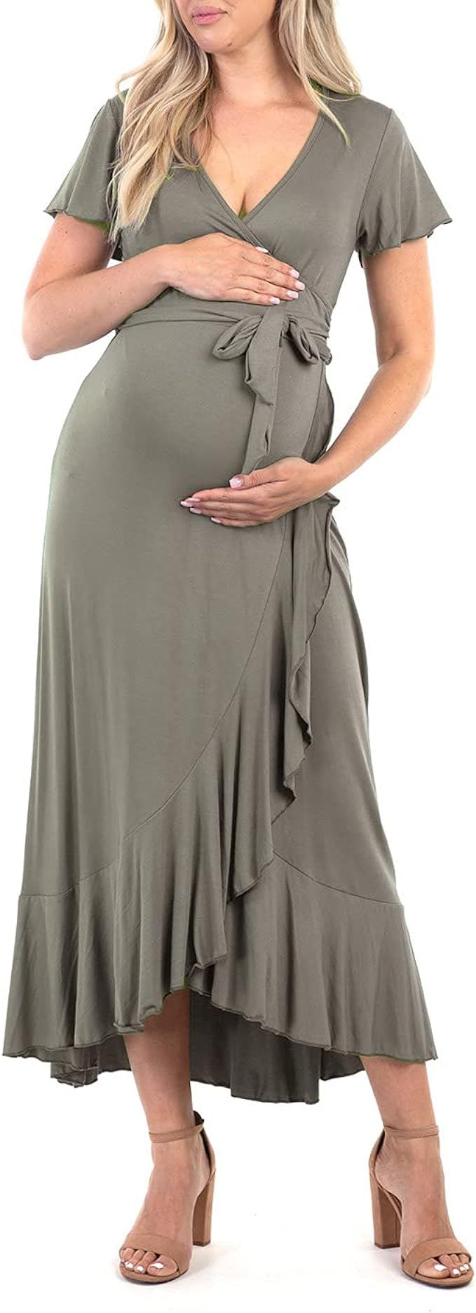 Mother Bee Maternity Butterfly Sleeve Hi-Low Ruffle Dress with Adjustable Belt | Amazon (US)