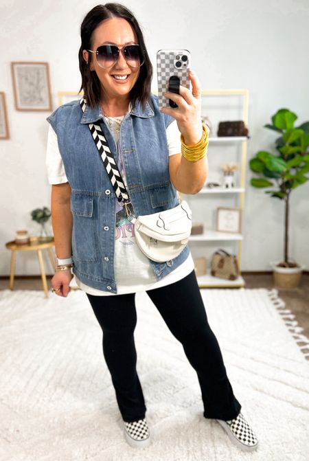 Today’s real life outfit! XL denim vest. XL tee from the men’s section at Target! XL flare leggings from Amazon.  And platform sneakers. Fit tts  

#LTKFindsUnder50 #LTKMidsize #LTKSeasonal